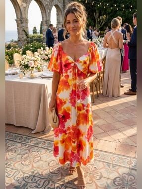 Alex Marie Pink & Orange Tie-Front Floral Midi A-Line Dress Women's Sz 10 NWT